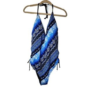 NWOT Swimsuit For All 1‎ Piece Halter Ruched Sides Blue Stripe Swimsuit Size 20